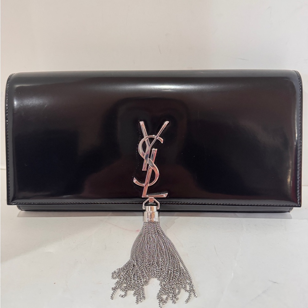 Saint Laurent Kate Clutch Bag Black Patent Leather YSL Logo & Tassel NEW